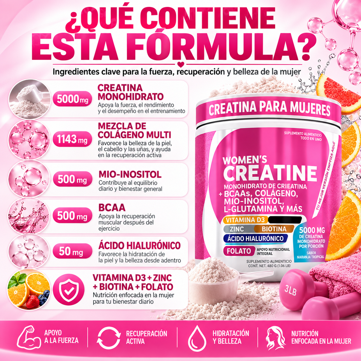 💗 Women’s Creatine 5.000 mg  Creatina + Colágeno + BCAA | Fórmula Integral para Mujeres
