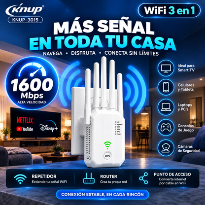 Repetidor WiFi 3 en 1 1600 Mbps KNUP-3015 — Más señal donde ves tus series