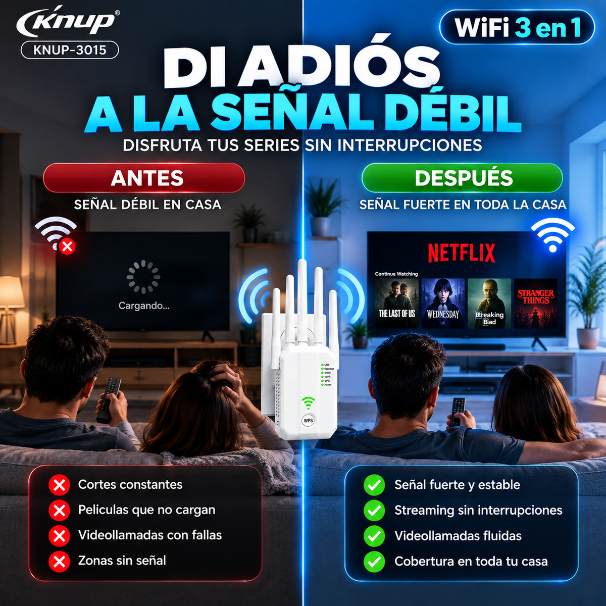 Repetidor WiFi 3 en 1 1600 Mbps KNUP-3015 — Más señal donde ves tus series