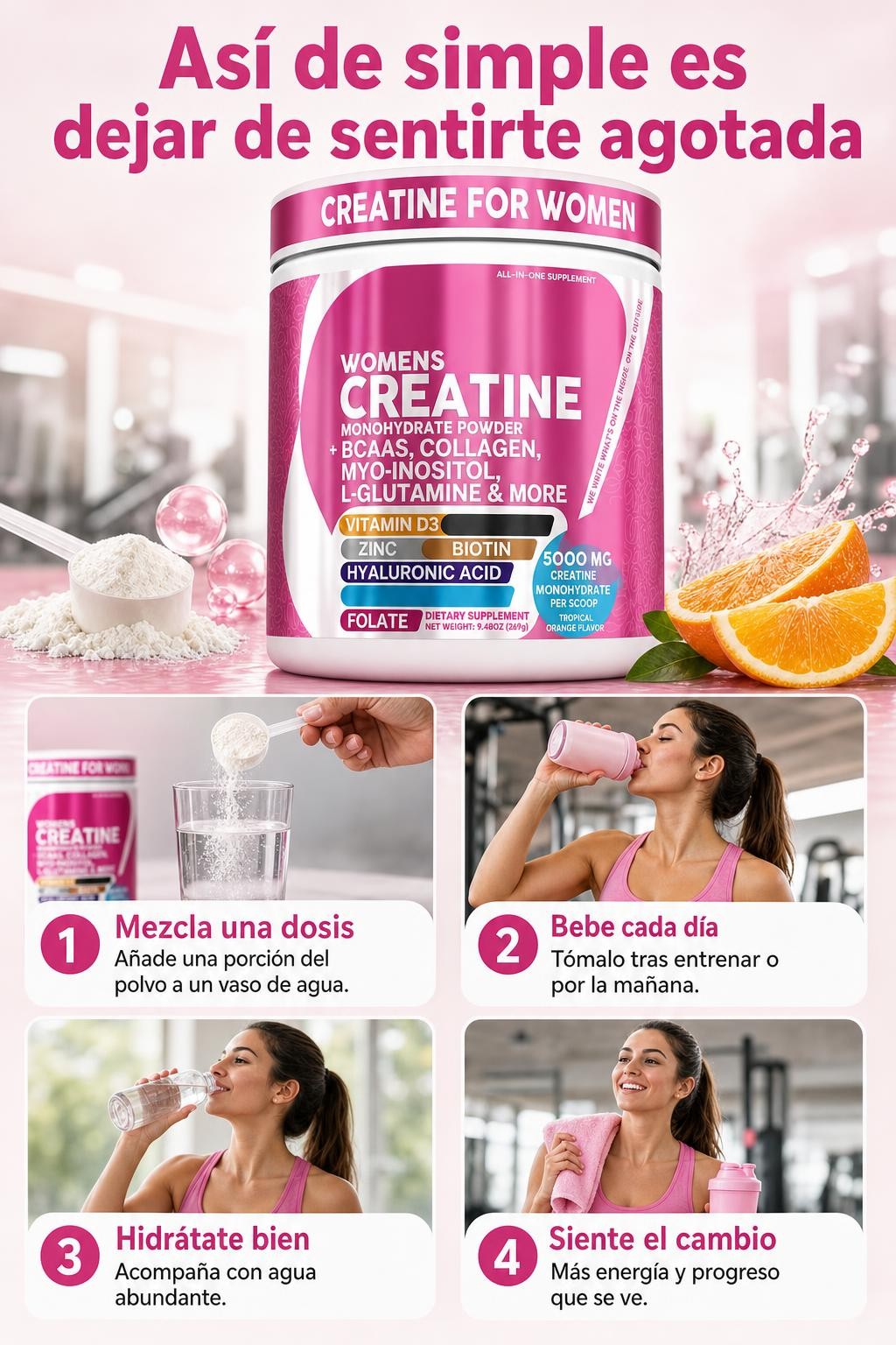 💗 Women’s Creatine 5.000 mg  Creatina + Colágeno + BCAA | Fórmula Integral para Mujeres